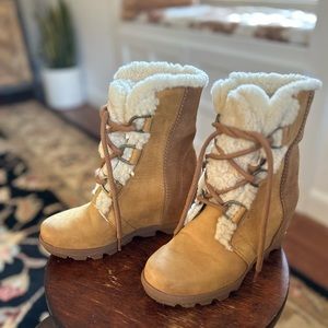 SOREL Wedge Shearling Trim Waterproof Boots with Hidden Wedge.